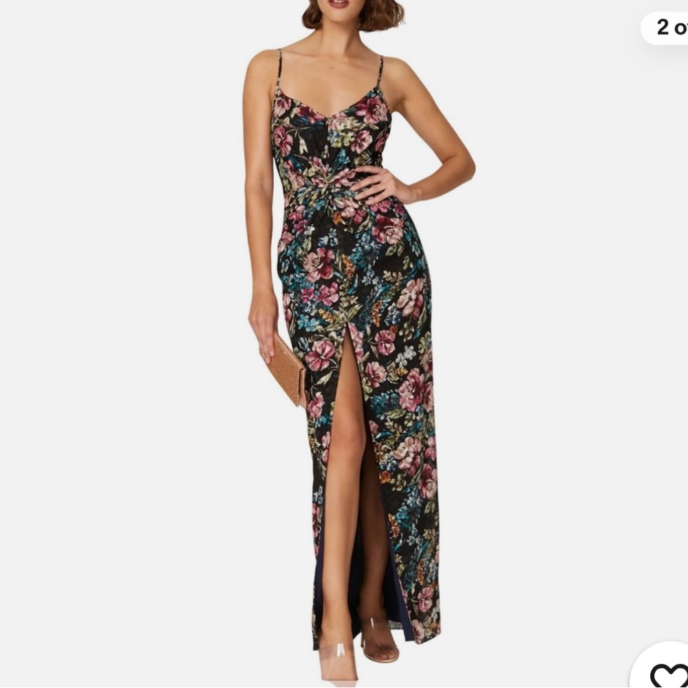 Amanda Uprichard Black Floral Maxi Slip Dress Size 6 Ruched Gown - Picture 1 of 7